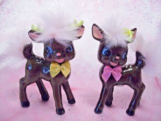 Rare Vtg Japan Deer Reindeer Fawn Pink Fur Satin Bows Flower S & P Shakers Ex