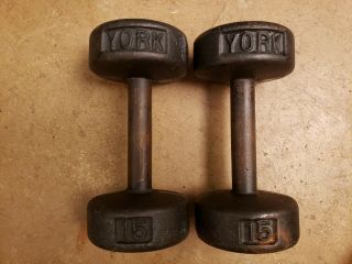 Vintage York 15lb Pair Cast Iron Roundhead Dumbbells Weights Round Head Usa