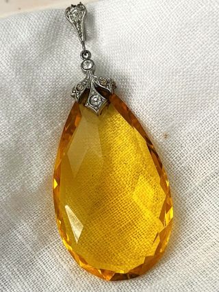 Vintage Antique Art Deco Citrine Large Rock Crystal Glass Open Back Necklace