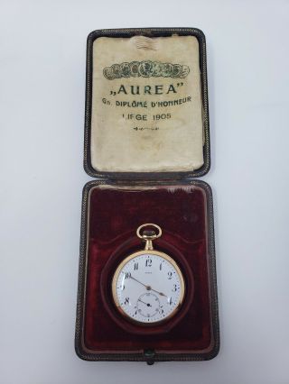 Vintage Aurea Liege 1905 18k Gold Pocket Watch W/ Case Swiss