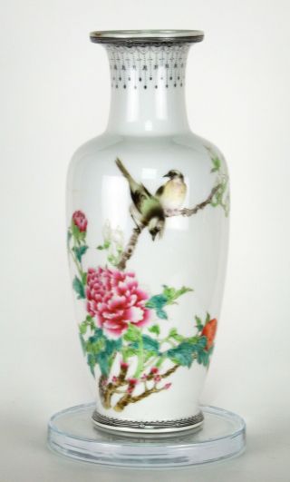 Very Fine Chinese Republic Famille Rose Porcelain Rouleau Vase Birds Flowers