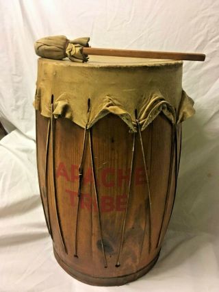 Vintage Native American Handmade Hide & Wood Drum " Apache Tribe " With Beater