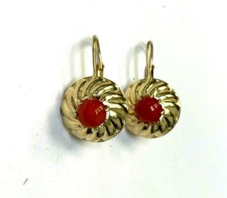 Vintage 14k Gold Nartural Red Coral Leverback Antique Style Earrings 2.  35g