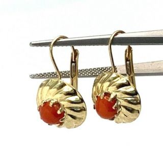 Vintage 14K Gold Nartural Red Coral Leverback Antique Style Earrings 2.  35g 4