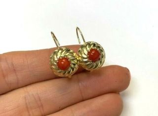 Vintage 14K Gold Nartural Red Coral Leverback Antique Style Earrings 2.  35g 7