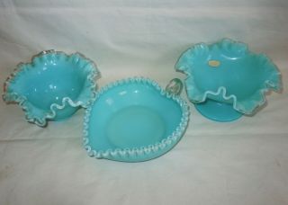 3 Pc Vtg Fenton Turquoise Silver Crest Heart Shaped Nappy/compote/bowl