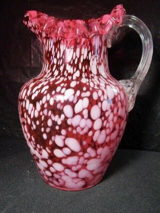 Vintage Cranberry Spatter Glass Pitcher Ribbed With Clear Handle 9 1/2 " Tall