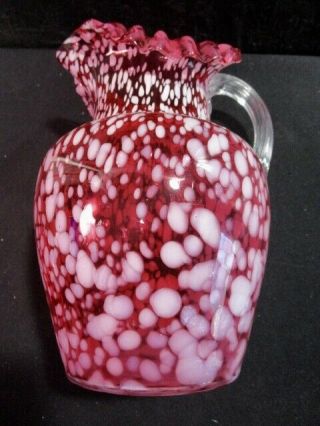 Vintage Cranberry Spatter Glass Pitcher Ribbed with Clear Handle 9 1/2 