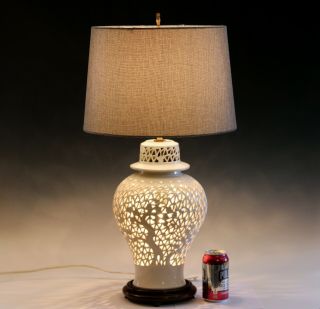 Old Chinese Porcelain Vase Lamp Reticulated White Carved Blanc De Chine
