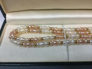 Vintage Pink & White Double Strand Pearl Necklace With 9ct Gold Fittings,  Boxed 2