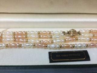 Vintage Pink & White Double Strand Pearl Necklace With 9ct Gold Fittings,  Boxed 3