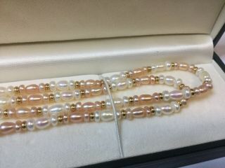 Vintage Pink & White Double Strand Pearl Necklace With 9ct Gold Fittings,  Boxed 4