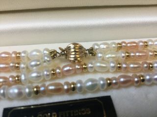 Vintage Pink & White Double Strand Pearl Necklace With 9ct Gold Fittings,  Boxed 5