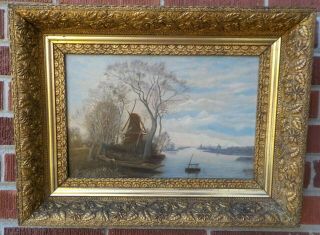 Antique Victorian Windmills Boat River Landscape Oil Painting Ornate Gilt Frame