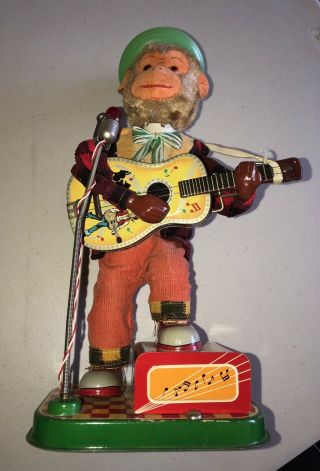 Vintage Alps Rock N Roll Monkey W/ Guitar Tin Litho Battery Op Tin Toy B/o