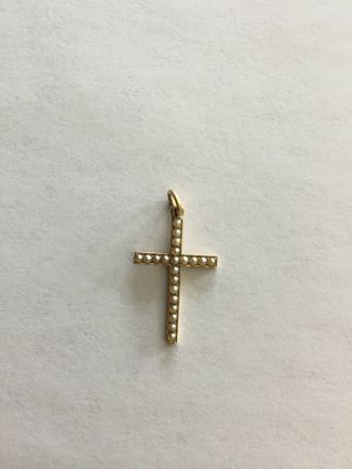 Antique Seed Pearl And Gold Cross Pendant,  14k Gold,  1 " Long,  5/8 " Wide,  21 Pearl