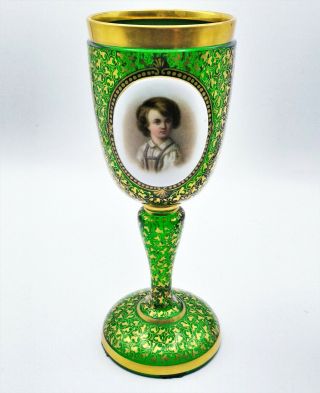 Antique Bohemian Moser Portrait Emerald Green Gilt Wine Glass Goblet Chalice 8 "