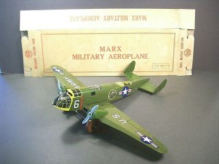 Vintage 1951 Marx Litho Tin Windup Toy U.  S.  Army Bomber 13.  5 " 18 " Wing Mib