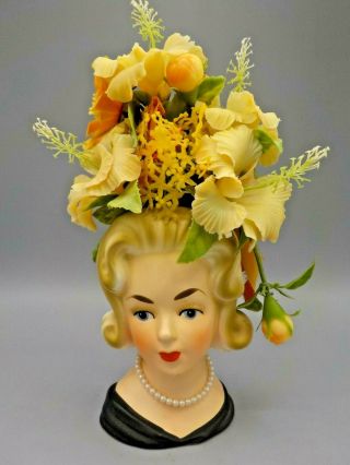 Minty Vtg Donna Reed Relpo K1634 Head Vase W/original Pearls & Plastic Flowers