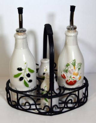 Vintage French Revol Porcelain Set Olive Oil Vinegar Salt Pepper Holders Bottle