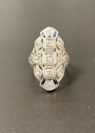 Estate Antique Art Deco 18k White Gold 0.  85 Ctw Diamond & Sapphire Shield Ring