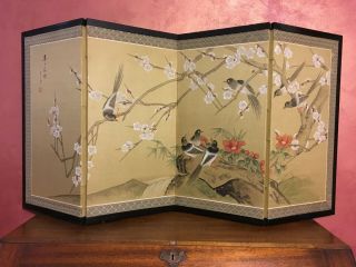 Vintage Hand Painted Japanese Silk Fabric 4 Panel Screen (cherry Branch/birds)
