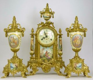 Antique French Louis Xvi Style,  Porcelain & Brass German Fhs Clock & Garniture.