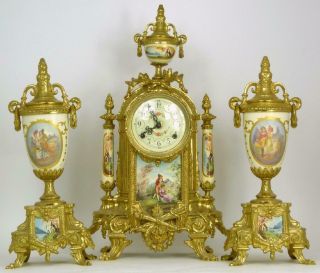 Antique French Louis XVI Style,  Porcelain & Brass German FHS Clock & Garniture. 2