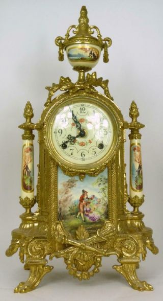 Antique French Louis XVI Style,  Porcelain & Brass German FHS Clock & Garniture. 3