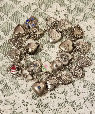 23 Charms Vintage Sterling Silver Puffy Heart Charm Bracelet Wwii Era