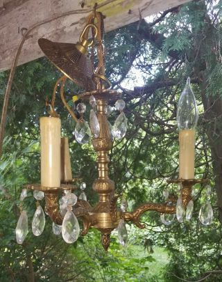 Vintage Brass 3 Arm Chandelier Crystals Prisam Spain Sweet Chic Petite French