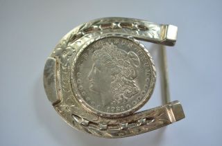 Vintage Style Engraved Sterling Silver Belt Buckle W/ 1921 Morgan Dollar