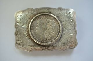 Vintage Style Engraved Sterling Silver Belt Buckle W/ 1890 Morgan Dollar
