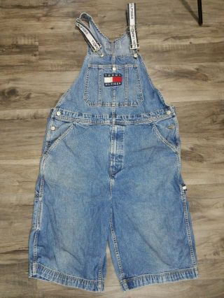 Vintage 90s Tommy Hilfiger Jeans Bib Overalls Denim Shorts Mens L Big Flag Logo