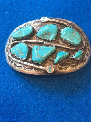 Vintage Zuni Effie Calavaza Sterling & Turquoise " Twin Snake " Belt Buckle