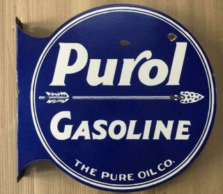 Vintage Purol Gasoline Porcelain Enamel Double Sided Sign 19 " X18 " Flange - 2 "
