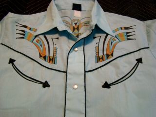 Vtg 60s 70s LEVIS Big E Western Aztec SMILEY POCKETS Cowboy Shirt PEARL snaps M 4