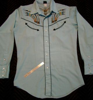 Vtg 60s 70s LEVIS Big E Western Aztec SMILEY POCKETS Cowboy Shirt PEARL snaps M 8
