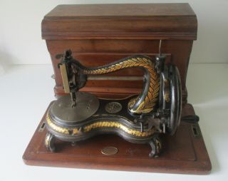 Antique Jones Cat Back Serpentine Sewing Machine With Base And Box