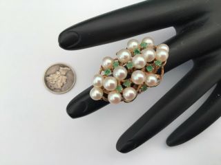 Vintage 14k Yellow Gold,  Pearls And Emeralds Large Ring Size 6.  75,  11.  0 Gr.