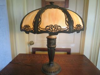 Monumental Antique Art Nouveau Arts & Crafts Slag Glass Lamp 8 Bent Panels B&H 2
