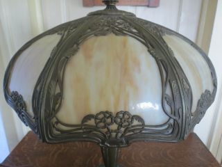 Monumental Antique Art Nouveau Arts & Crafts Slag Glass Lamp 8 Bent Panels B&H 3