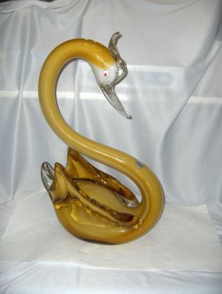 Vintage Very Large Hand Blown Art Glass Yellow Swan Figurine Sculpture