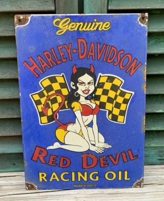Vintage Harley Devil Porcelain Sign Gas Service Station Pump Plate Motor Oil