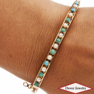 Vintage Turquoise Pearl 14k Gold Filigree Bead Bangle Bracelet 14.  3 Grams Nr
