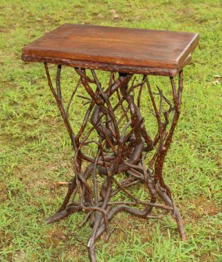 Antique Circa - 1900,  Adirondack,  Folk Art Twig & Branch Side Table Stand,  Nr