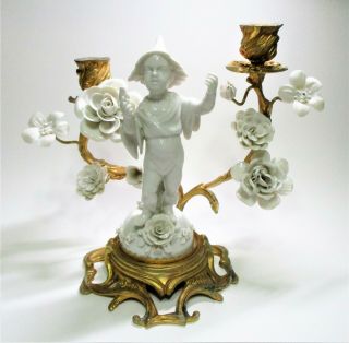 Vtg A Mottahedeh Design Italy Bronze/brass White Dresden Porcelain Candle Holder
