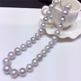 Rare huge 13 - 15mm nature south sea gray round pearl necklace 18inch 925silver 3