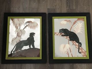 Pair Vtg Mid Century Black Panther Painting On Foil 1940 