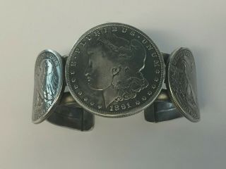 Vintage Navajo Coin 1891 Morgan Silver Dollar Cuff Bracelet 97 Grams